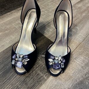 Caparros Navy Satin Peep-Toe Heels with Crystal Cluster